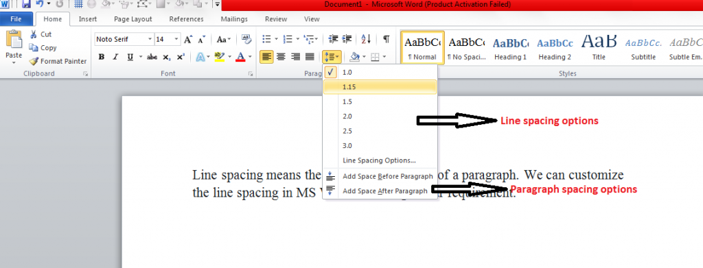 Line and paragraph spacing options