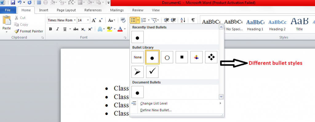 Bullet styles in paragraph formatting