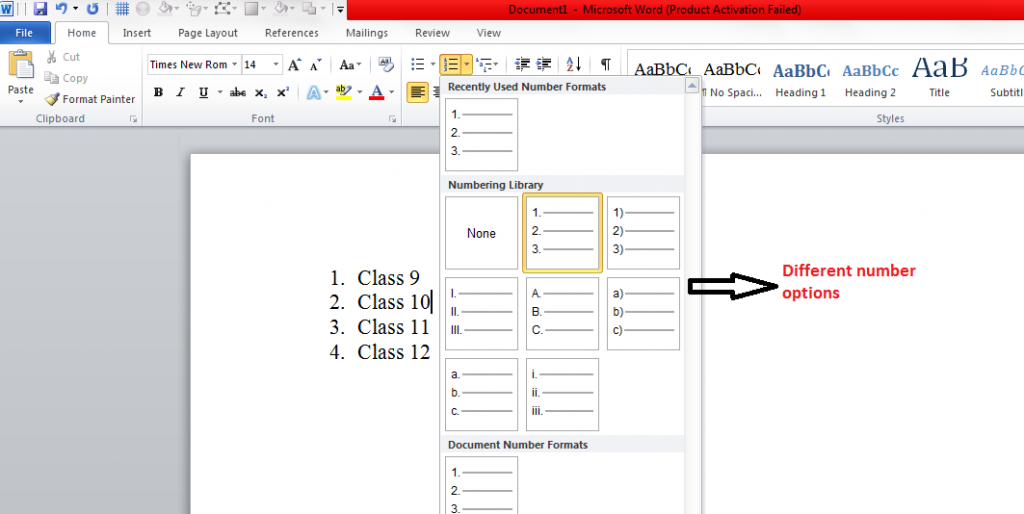 Numbered list formats in paragraph formatting