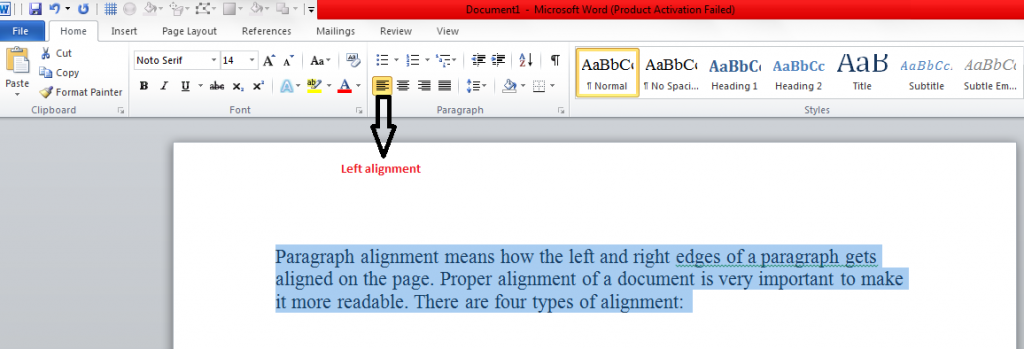 left alignment in paragraph formatting