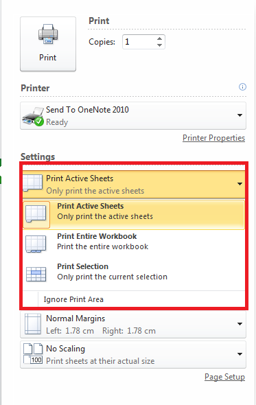 Print active sheets in Excel 2010