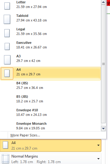 Paper size in Print preview in Excel 2010