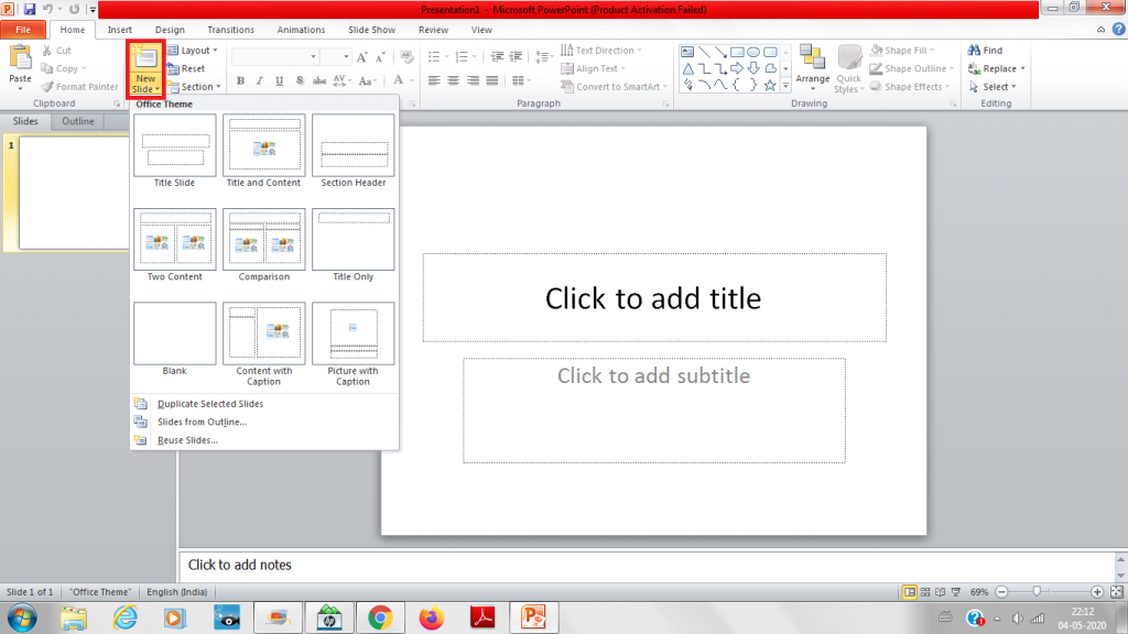 New slide in Slides group in Home tab in PowerPoint Presentation