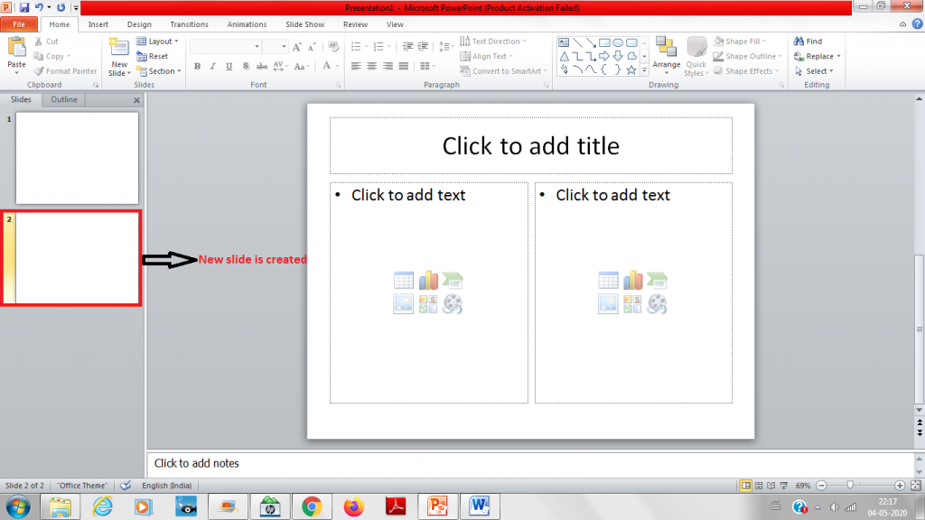 New slide in MS PowerPoint