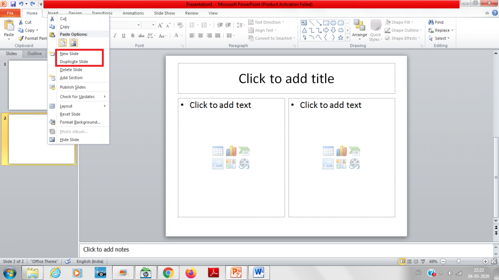 Creating new slide in Microsoft PowerPoint