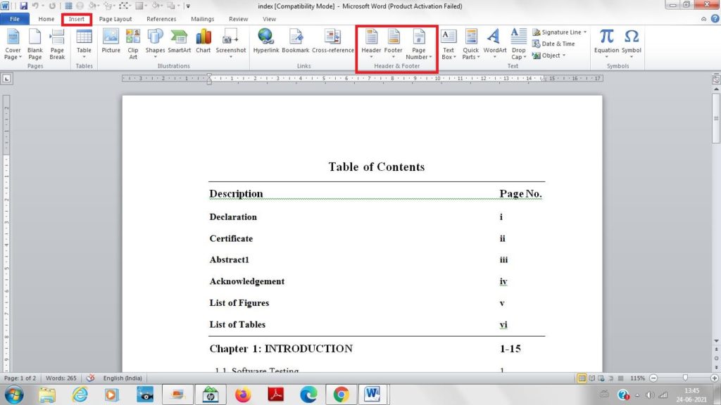 Header and footer in MS-Word
